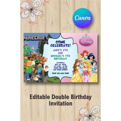 Twin Minecraft and Disney Princesses Invitation | Canva Template